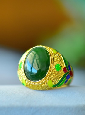 古法鎏金镶嵌和田玉碧玉珐琅彩戒指男款霸气时尚复古指环不掉色
