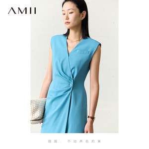 Amii2024新款夏季V领御姐高端轻奢西装连衣裙女小黑裙背心裙子