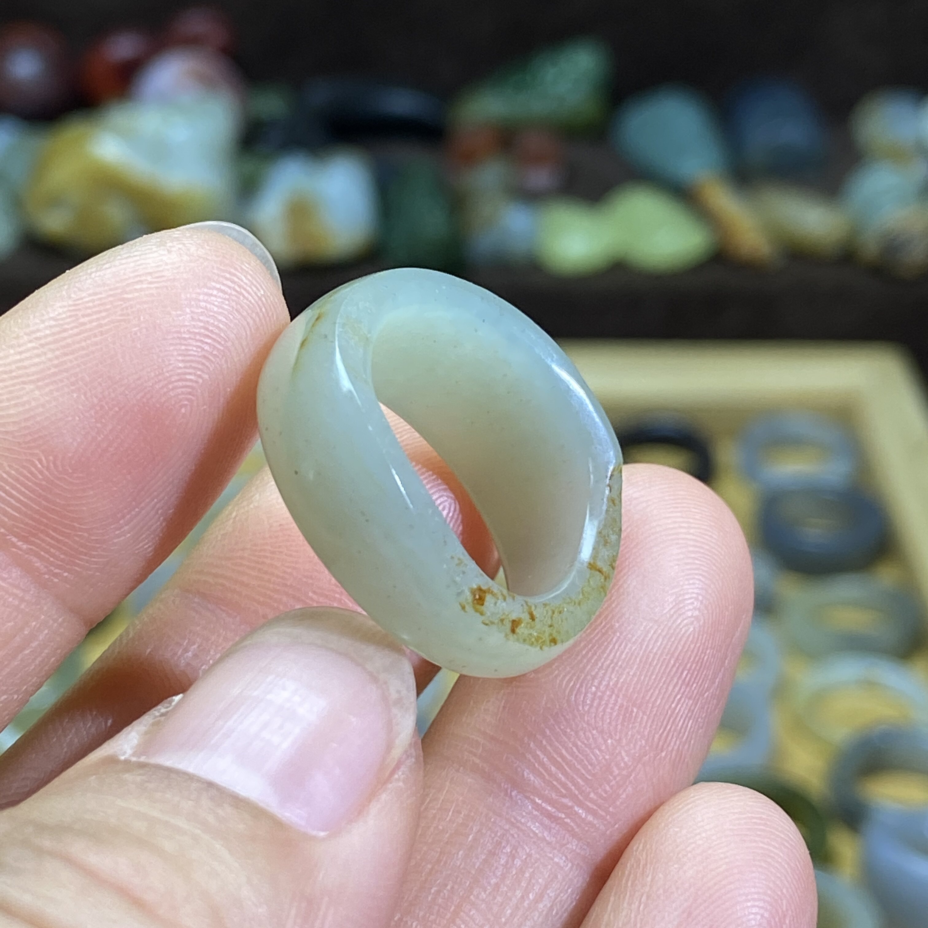 Hotan jade green and white jade seed card 17 random gold leather ring retro style ring jade ring cultural play bead string pendant