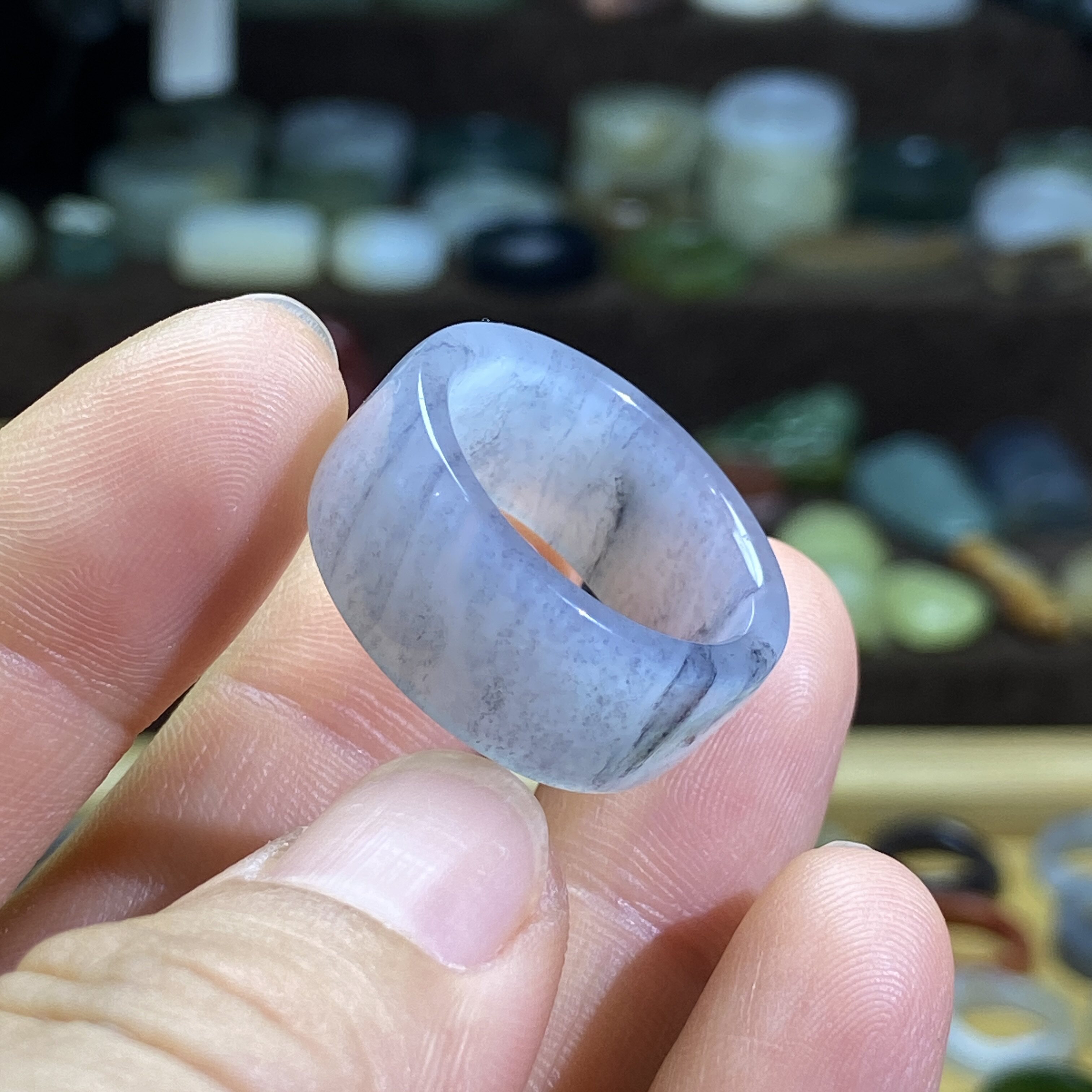 Hotan jade seed material blue and white card 19 large circle ring retro style ring jade ring cultural play beads running circle pendant