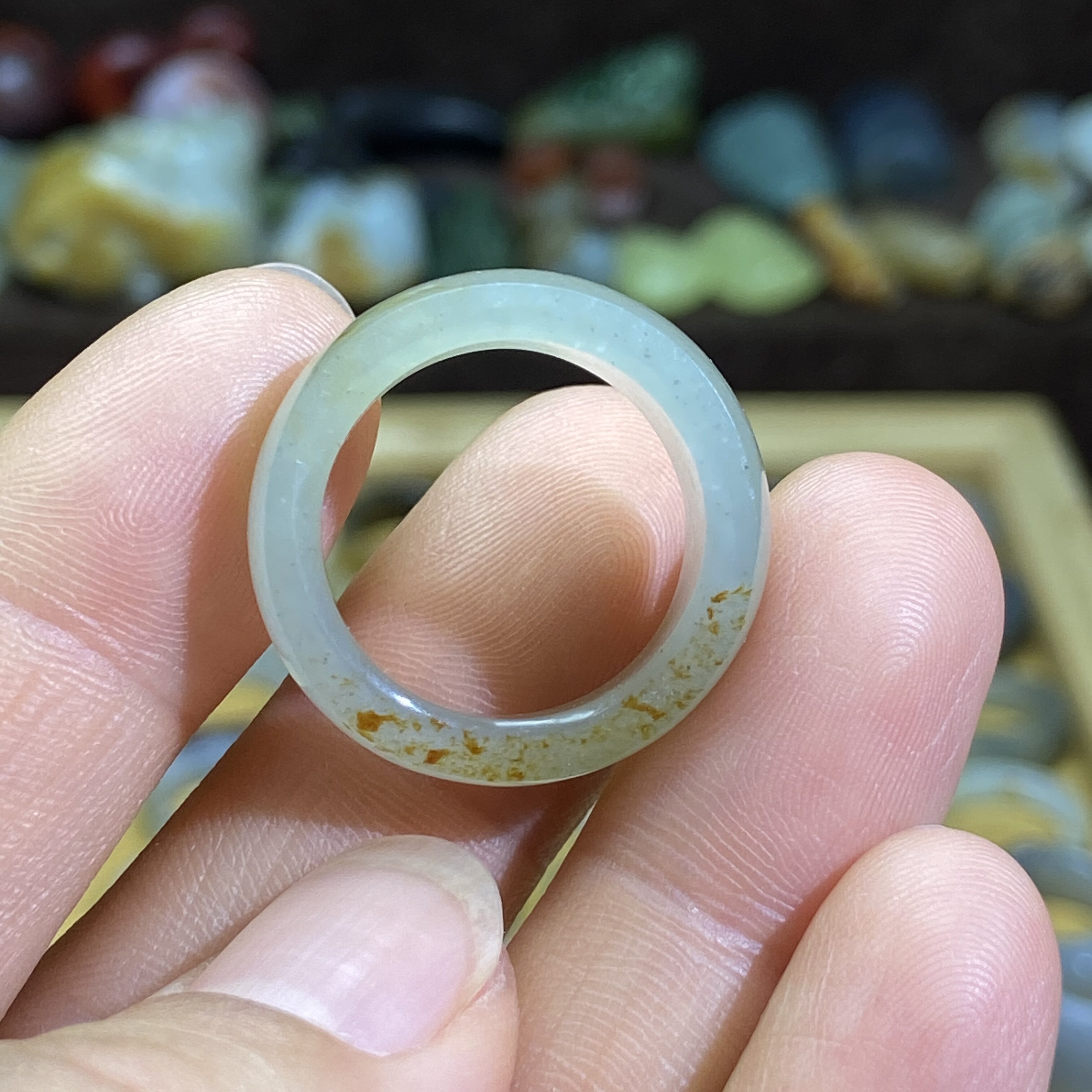 Hotan jade green and white jade seed card 17 random gold leather ring retro style ring jade ring cultural play bead string pendant