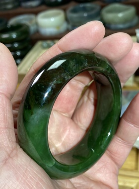 和田玉碧玉手镯辣绿宽版厚装轮胎镯子福镯  圈口53.8