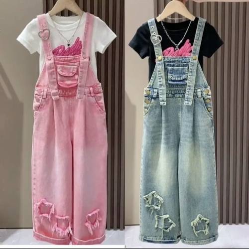 女童牛仔背带裤夏季套装2025新款洋气网红短袖中大童两件套潮 - 图0