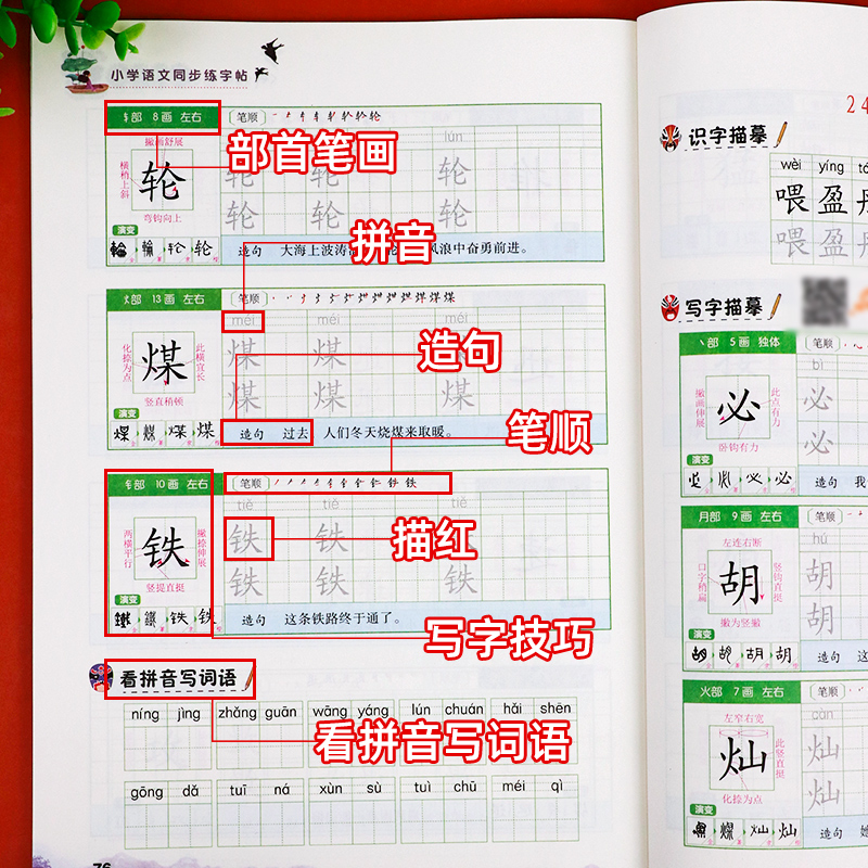 三年级下册语文练字帖同步人教版3小学生专用拼音笔画笔顺偏旁部首临摹楷书田字格控笔训练生字练习抄写描红本每日一练写字课课练 - 图3