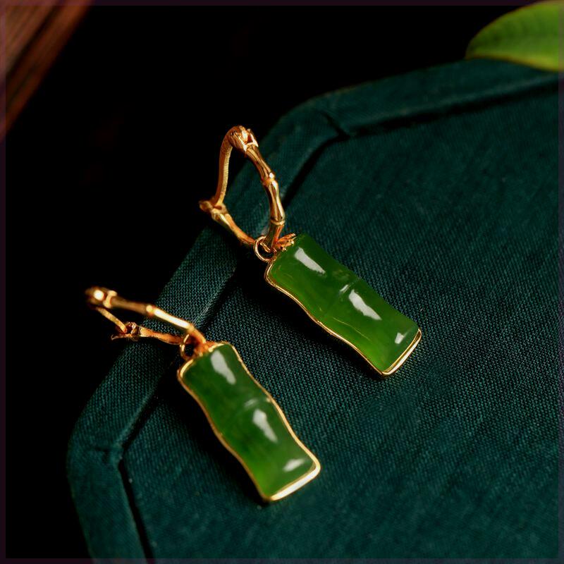 S925纯银镶嵌和田玉碧玉竹节耳环女新中式国风旗袍汉服耳耳坠饰品