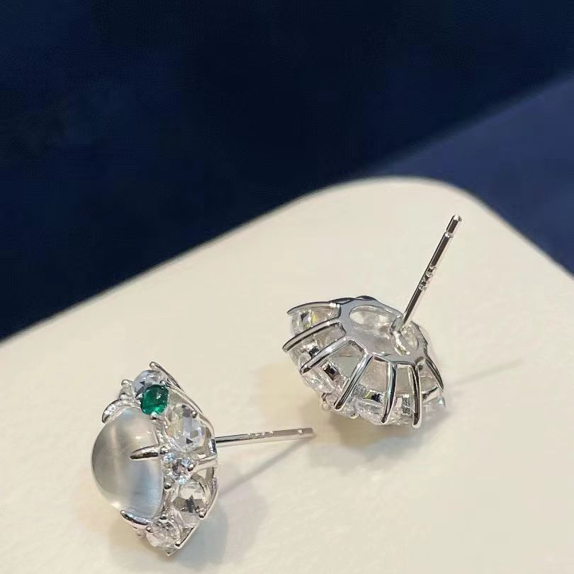 芙丝菲尔925银针水沫玉镶嵌锆石新中式女耳钉 高品质百搭轻奢耳饰