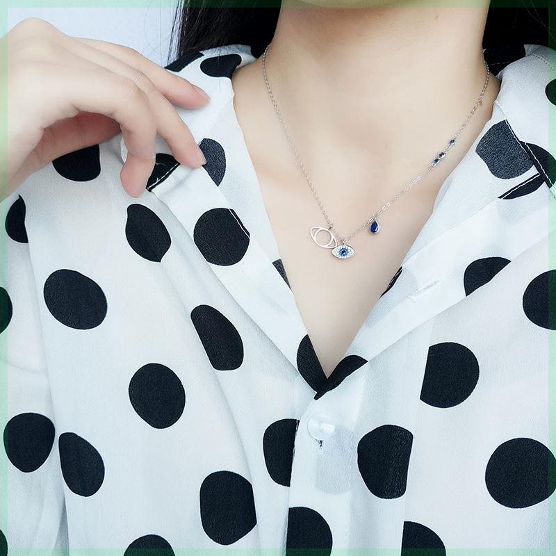 S925纯银恶魔之眼项链女蓝色吊坠简约气质百搭玫瑰金锁骨链送朋友