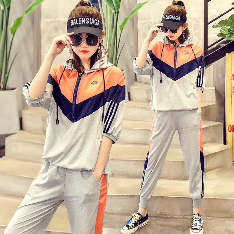 欧货休闲防晒两件套宽松女夏新卫衣 雪时力休闲运动套装