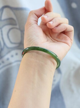 保真天然和田玉手镯51圈口证书编号5284051和田玉碧玉 巴料圆条