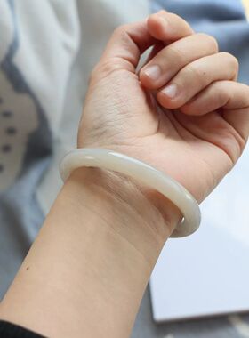 保真天然和田玉手镯56圈口证书1141098藕粉色烟灰色 青海料圆条