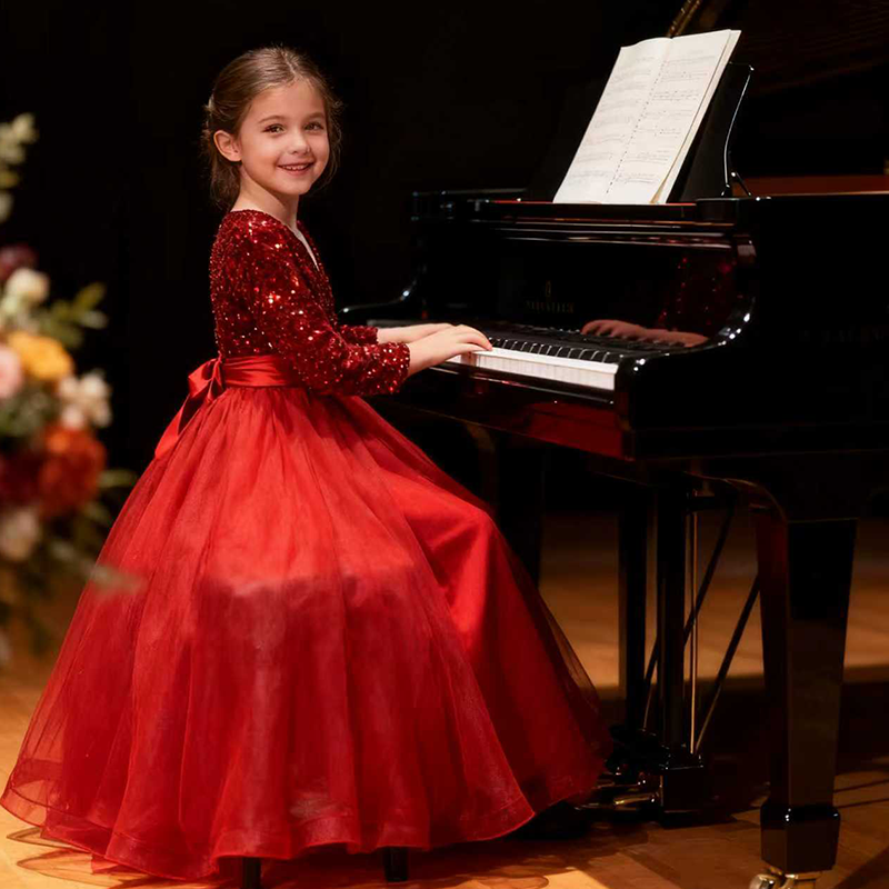 女童长袖礼服红色亮片轻奢洋服气公主裙圣诞新年生日主持钢琴演出,淘宝优惠券,粉丝福利购,淘宝优惠卷