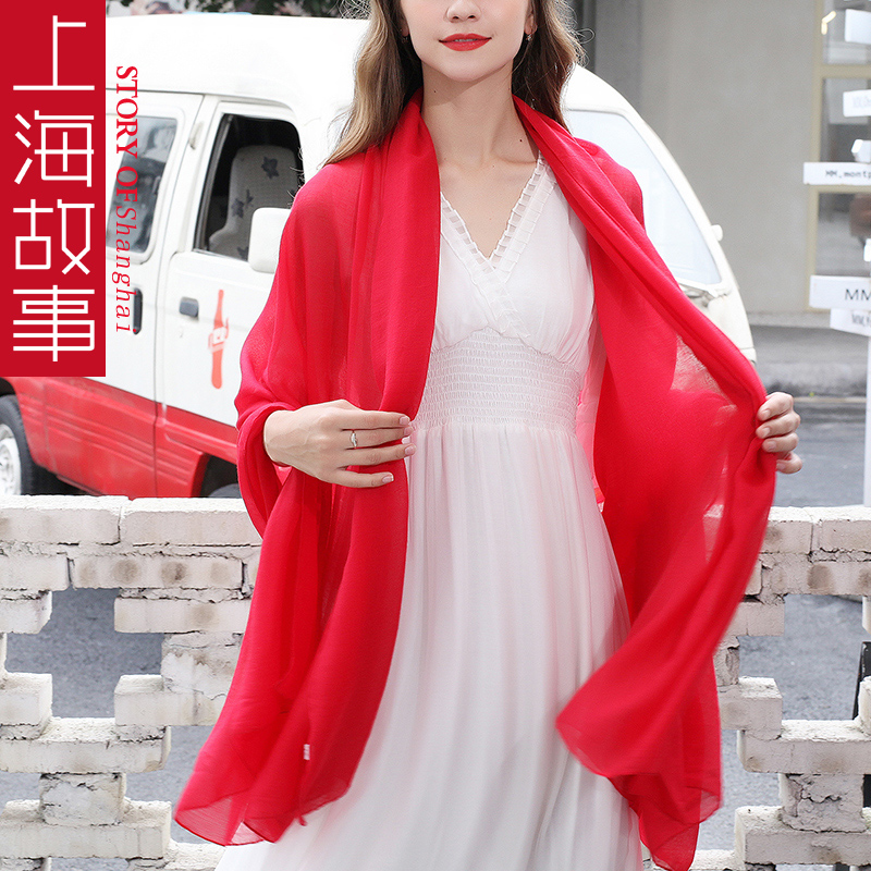 轻罗服饰配件专营店酒红色披巾超大围巾女棉麻丝巾旅游拍照披巾春秋薄款披肩秋季外搭2