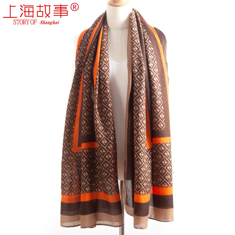 上海故事咖啡色棉麻春秋亚麻纱巾 轻罗服饰配件围巾/丝巾/披肩
