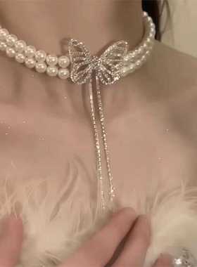 气质镂空蝴蝶珍珠项链女2024新款