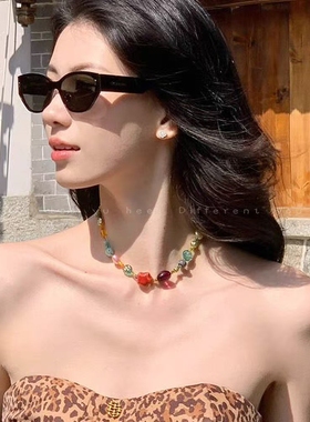 彩色琉璃串珠星星项链锁骨链女复古小众2025年新款个性设计感颈链