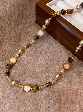 美拉德虎眼石项链女秋冬串珠焦糖色气质百搭毛衣链轻奢高级感颈链