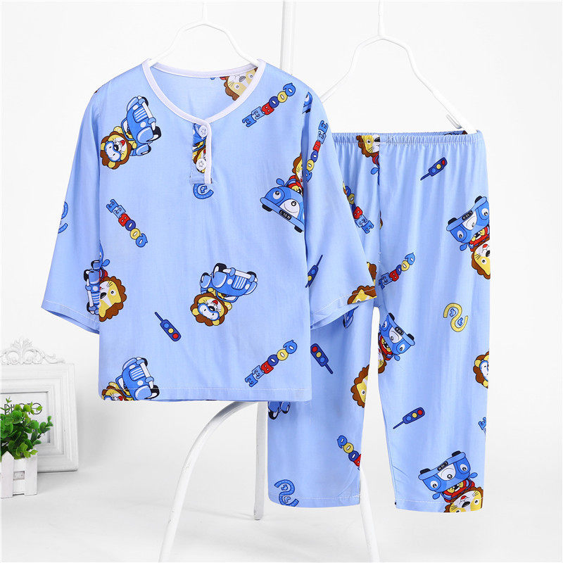 夏季棉绸小孩睡衣套装纯棉家居服 欧比熊家居服套装