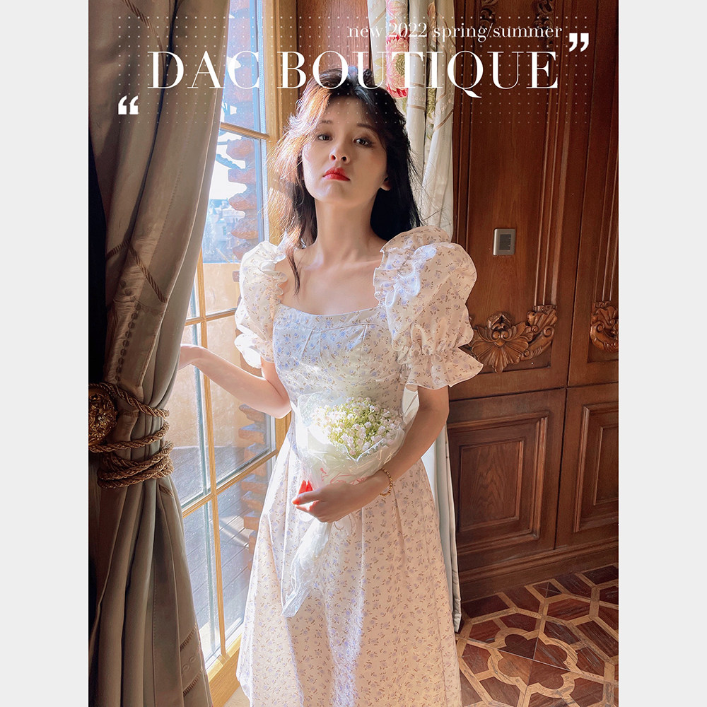 DAC 2024春夏新款法式复古宫廷风印花连衣裙方领泡泡袖A字长裙女,淘宝优惠券,粉丝福利购,淘宝优惠卷