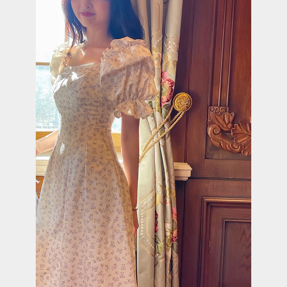 DAC 2024春夏新款法式复古宫廷风印花连衣裙方领泡泡袖A字长裙女,淘宝优惠券,粉丝福利购,淘宝优惠卷