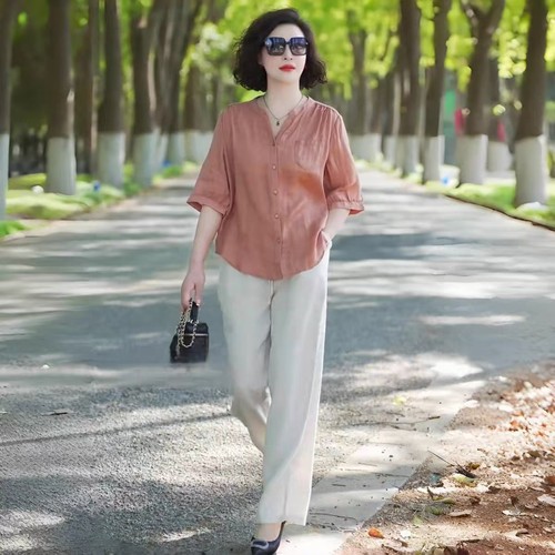 2025夏季新款中年妈妈棉麻苎麻上衣亚麻阔腿裤两件套洋气减龄套装 - 图2