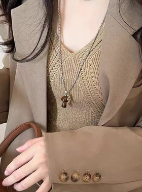 斑点虎眼石蘑菇吊坠项链女轻奢小众精致长款卫衣链简约百搭毛衣链