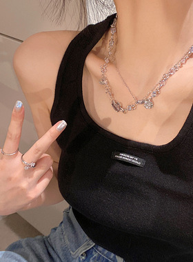 叠戴爱心钛钢项链女高级设计感小众冷淡风甜酷流苏锆石锁骨链颈链