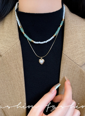 双层叠戴清新珍珠项链高级感爱心气质锁骨链法式串珠项链女批发