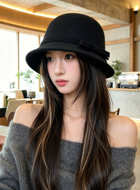 法式赫本风毛呢渔夫帽显脸小