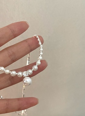 珍珠母贝拼接碎银子项链锁骨链