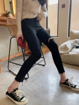 South Korea Black Jeans Woman 90% 2023 Fall-hole elastic pencil pants high waist tight and small foot pants tide