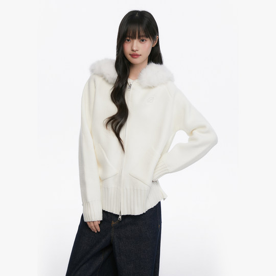 Cárdigan de punto con cuello de piel y capucha para mujer, suéter con Cuello de piel, chaqueta con capucha, estilo perezoso, suave, King Prince, Otoño e Invierno