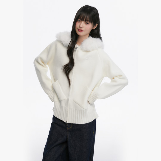 Cárdigan de punto con cuello de piel y capucha para mujer, suéter con Cuello de piel, chaqueta con capucha, estilo perezoso, suave, King Prince, Otoño e Invierno