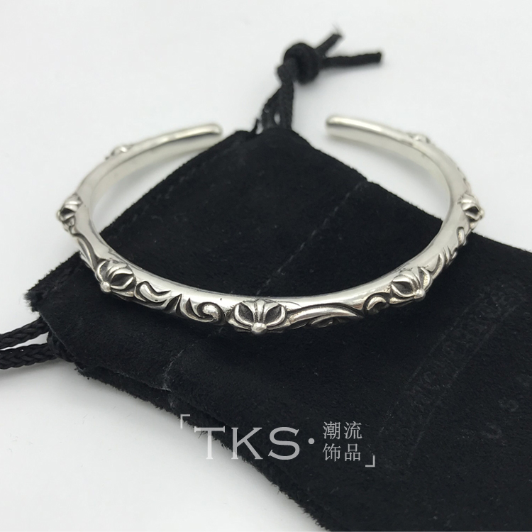 纯银手镯女克罗星日韩潮流窄版个姓手环 十字蔓藤花复古做旧 CH S925 纯银手镯女克罗星日韩潮流窄版个姓手环 十字蔓藤花复古做旧 CH S925