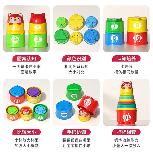 谷雨彩虹塔叠叠杯婴幼儿6个月12宝宝玩具1-3岁儿童生日礼物套套圈 - 图1