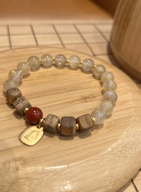 天然水晶金发晶沉香手串女款国风串珠手链925银招财原创设计南红