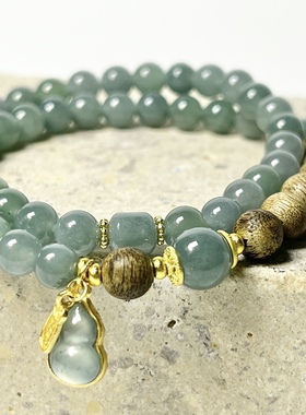 新中式天然蓝水翡翠沉香手链女国风串珠手串925银招财玉葫芦福禄