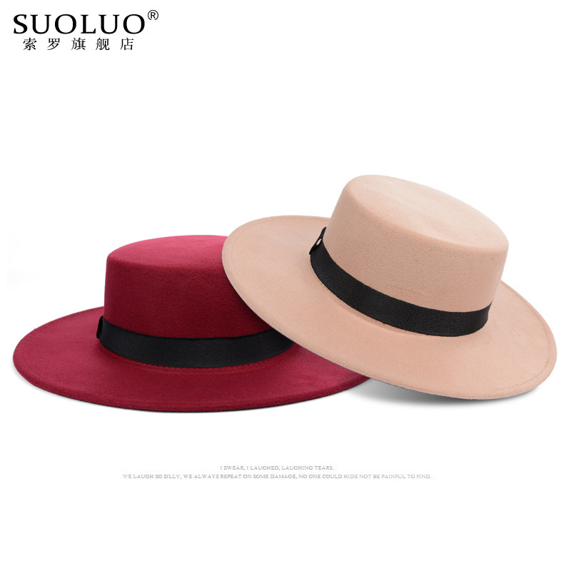 韩版大帽檐礼帽男女春秋英伦宽檐爵士帽复古绅士平顶黑色毛呢帽子,淘宝优惠券,粉丝福利购,淘宝优惠卷