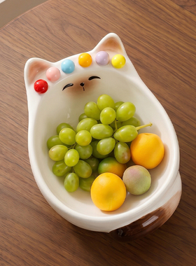 可爱猫咪陶瓷水果叉盘家用304水果叉套装客厅奶油风零食水果碗
