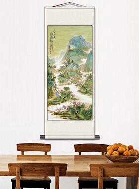 江畔游春图张大千山水画丝绸画挂画客厅装K饰画招财玄关画青绿山