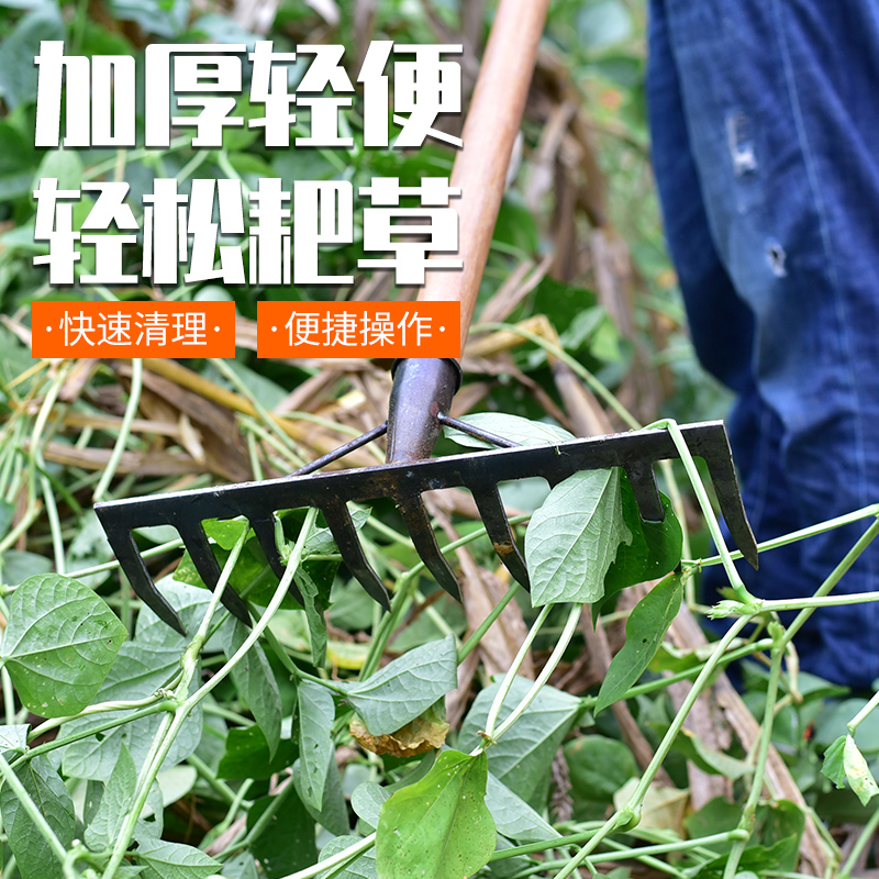 家用搂草耙子农用铁耙耙齿九齿钉耙农具翻土松土扒草铁抓爬子草耙 - 图2