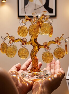 新中式透明枝干金色古钱币盆景摆