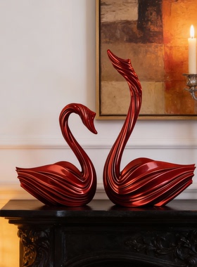 轻奢天鹅红色树脂摆件客厅玄关