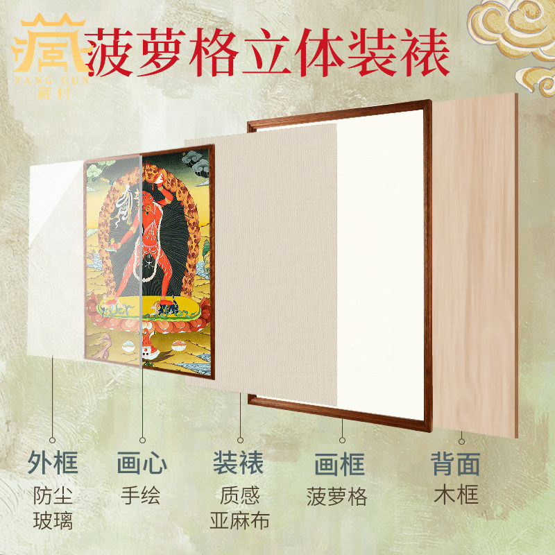 藏村金刚瑜伽母唐卡装饰画尼泊尔矿物手绘多吉帕姆实木框装裱挂画