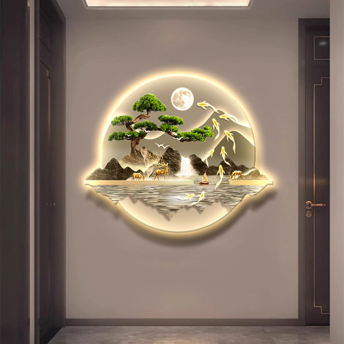 LED氛围中式玄关高端装饰画带灯入户挂画客厅山水画走廊过道壁画 - 图0