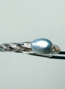 强光铂金灰大溪地无核Keshi天然海水珍珠戒指可调节