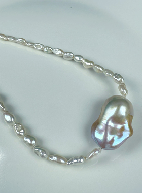 一物一拍强光紫色炫彩大巴无核碎银子天然珍珠项链Choker锁骨链