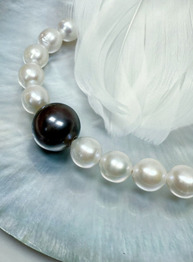 天然海水大溪地黑珍珠紫光淡水珍珠混搭风项链