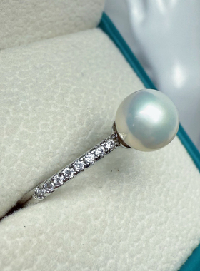 极光无瑕冷白正圆蓝光天然淡水珍珠戒指开口圈可调节复古小香风