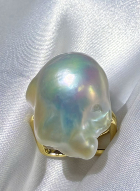 一物一拍强光蓝光冷白大巴洛克天然珍珠方圆戒指可调节