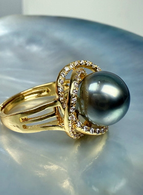 强光绿光正圆天然海水大溪地黑珍珠满钻镶嵌可调节戒指